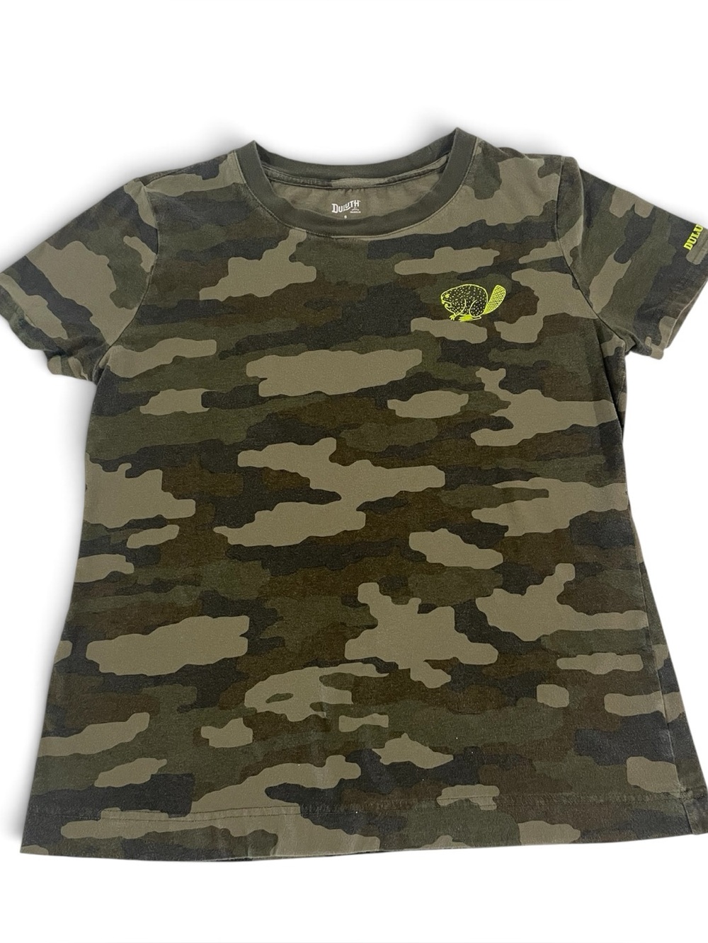 Duluth Trading Co Women’s Camo Short Sleeve Tee - Olive Green with Neon Logo S